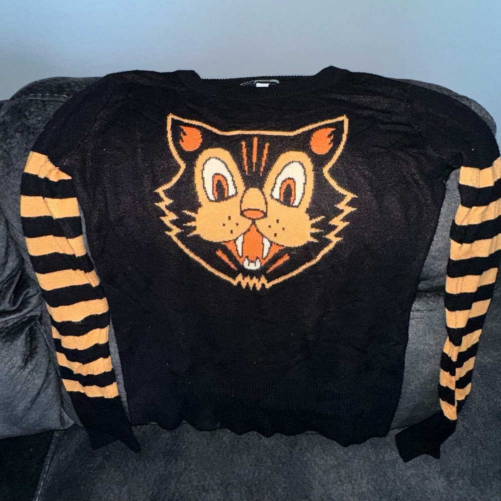 Sourpuss Screaming Kitty Sweater Halloween Black and Orange